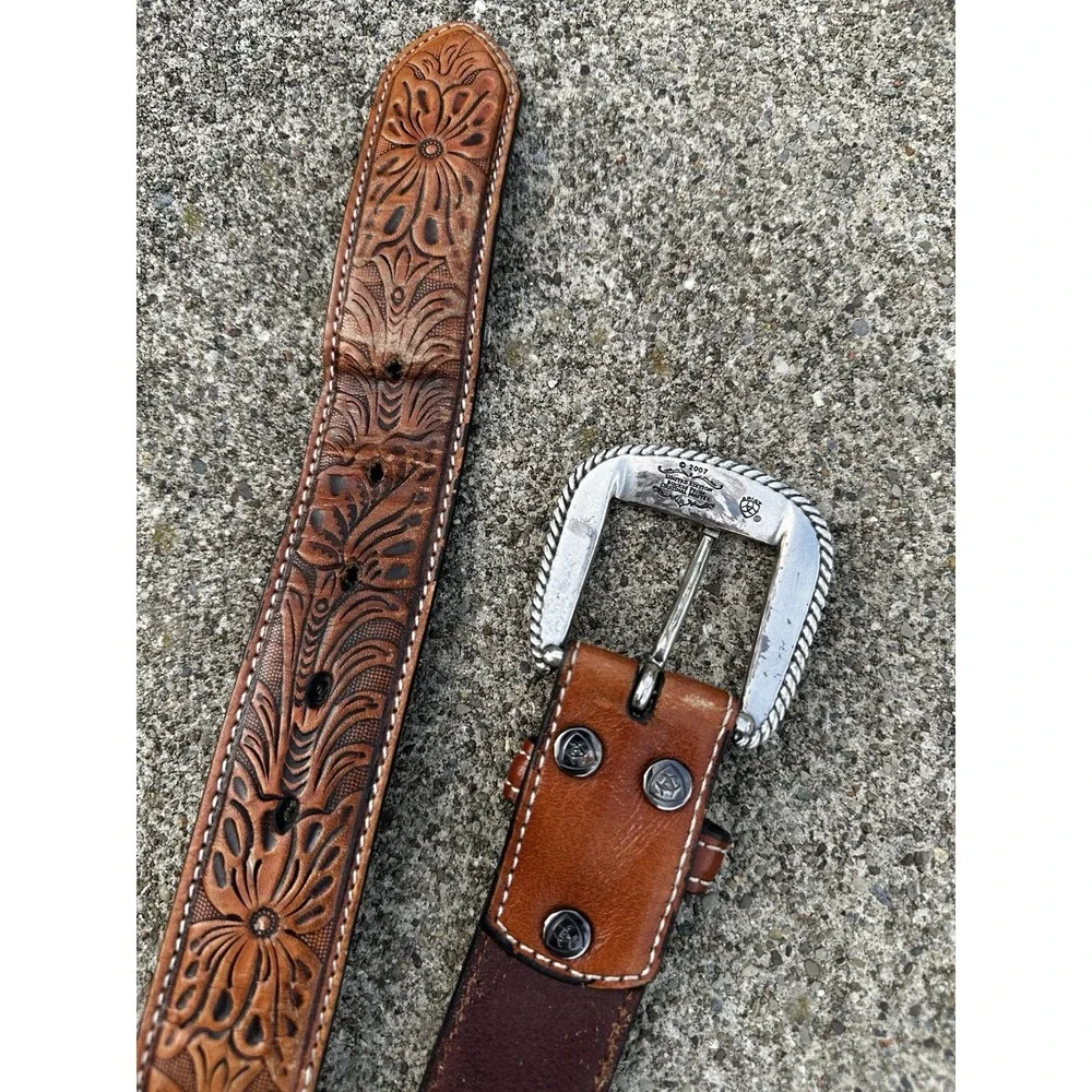 Ariat Mens Brown Crocodile Floral Tabs Leather Western Cowboy Belt - Size 38 -